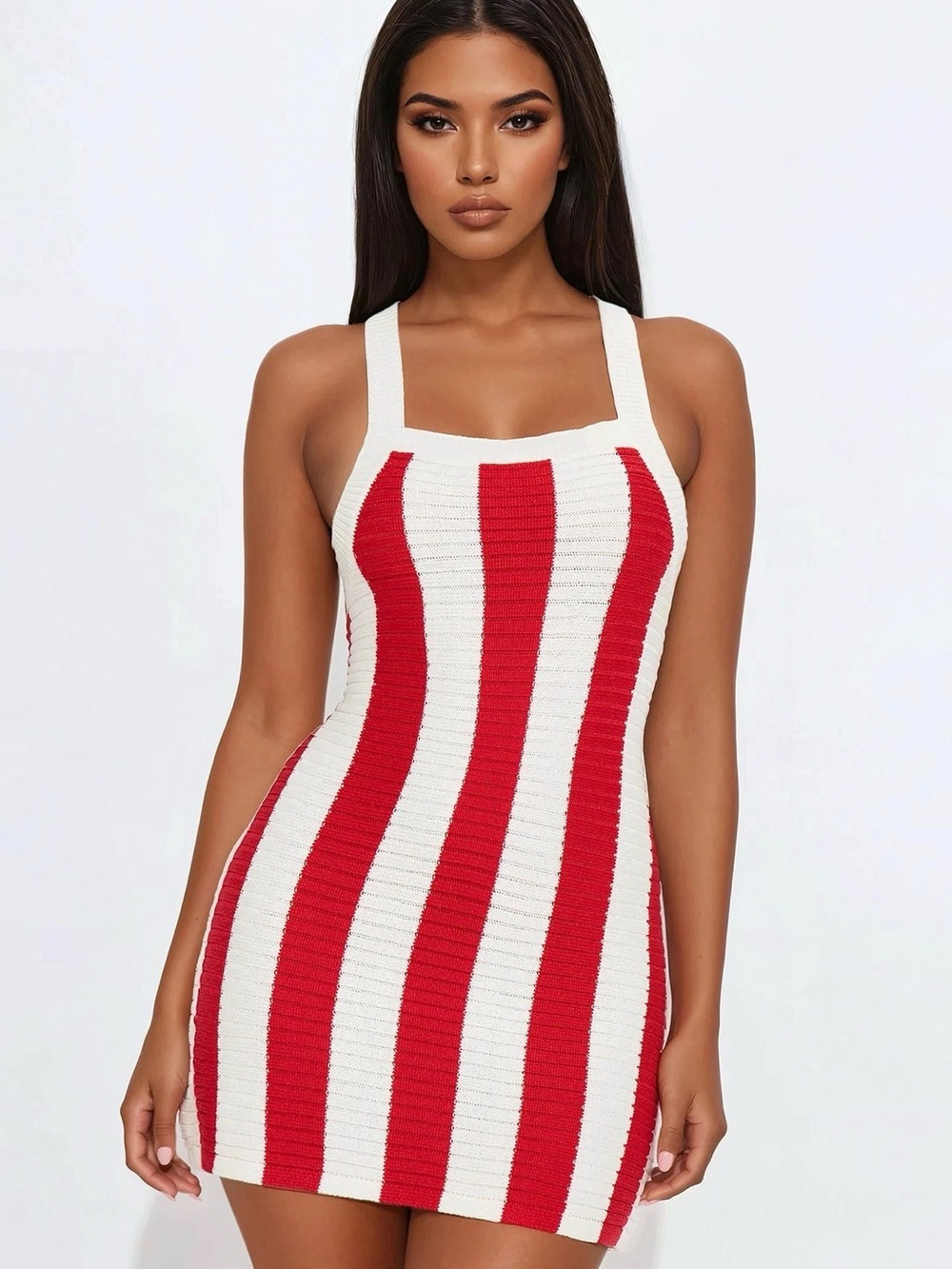 Fashion Nova Red & White Striped Knit Mini Dress